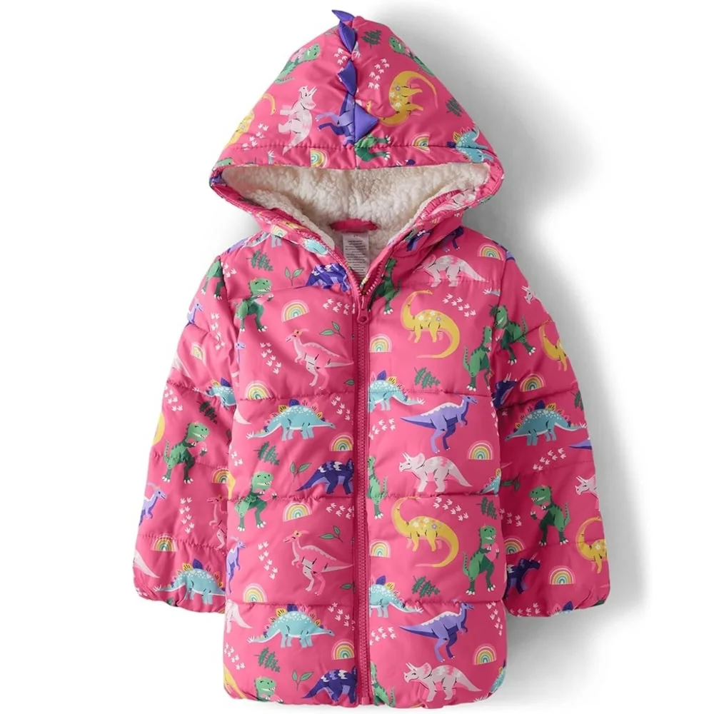 Girls Gymboree Pink Dinosaur Hooded Heavyweight Lined Puffer Jacket Size 10 NEW